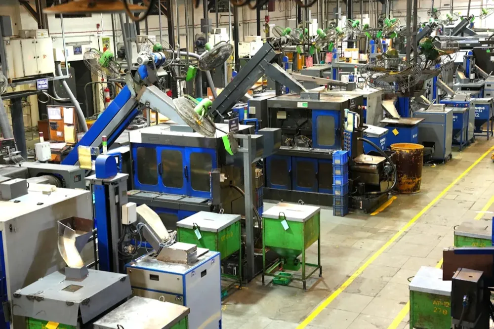 Industrial factory floor with machinery and safety markings
